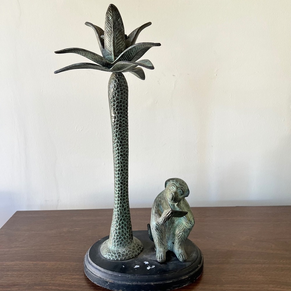 Vintage Verdigris Monkey Reading Under Palm Tree Candlestick Holder Tropical 5lb